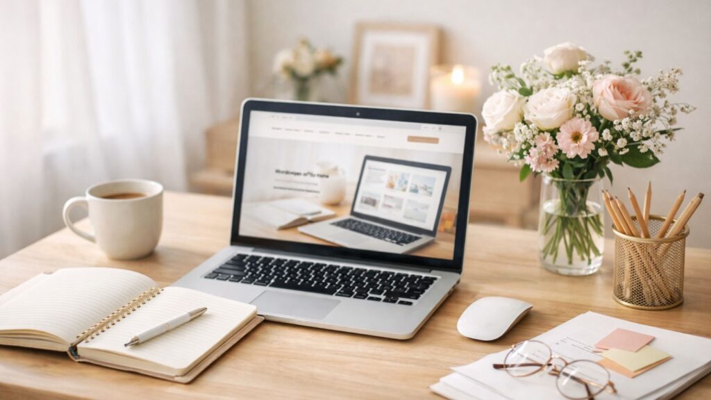WordPressでのWebサイト制作を行う、明るく整ったワークスペースのイメージ